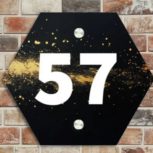 Gouden verfspatten - Traditioneel Naambord Hexagon klein -sfeer2