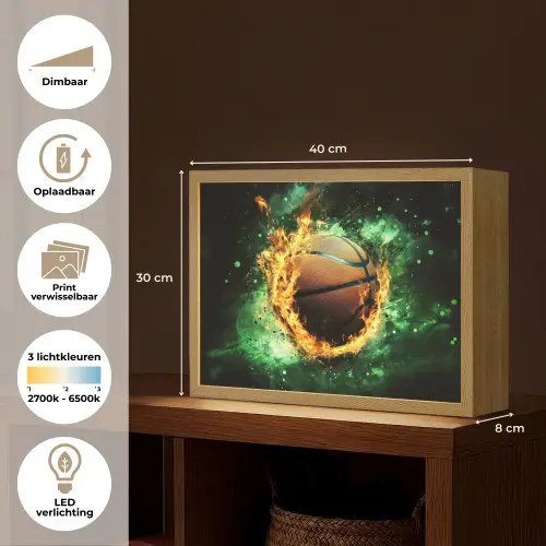 Basketbal - Vuur - Vlammen - Groen Light Box met batterij (Wandlamp kind) middel -USP_websiteoverzichtNL