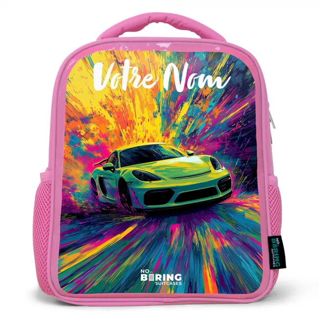 Sportauto - Groen - Verfstrepen - Kleuren Kinderrugzak - Roze middel -3d