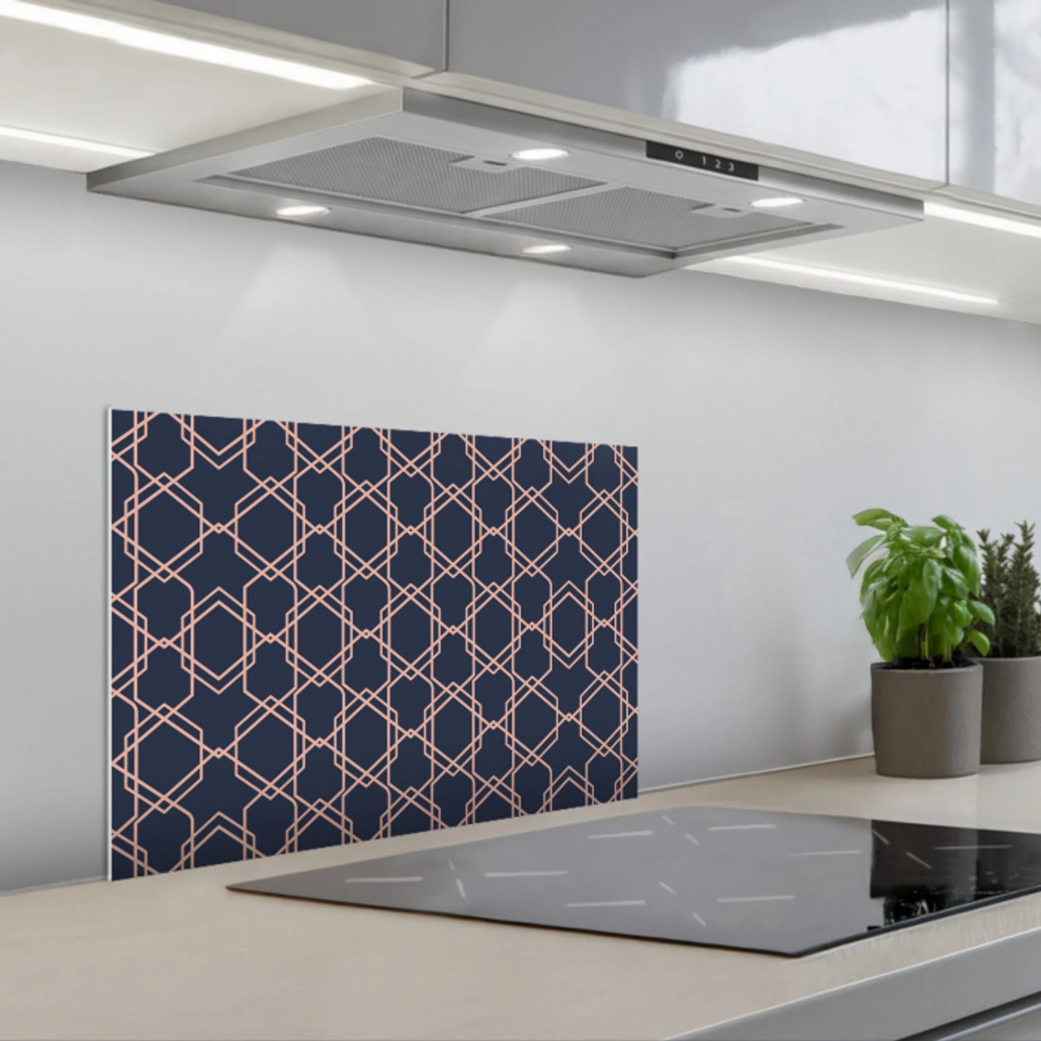 Modern - Patroon - Donkerblauw - Roze keuken achterwand spatscherm klein 900 -3d_schuin