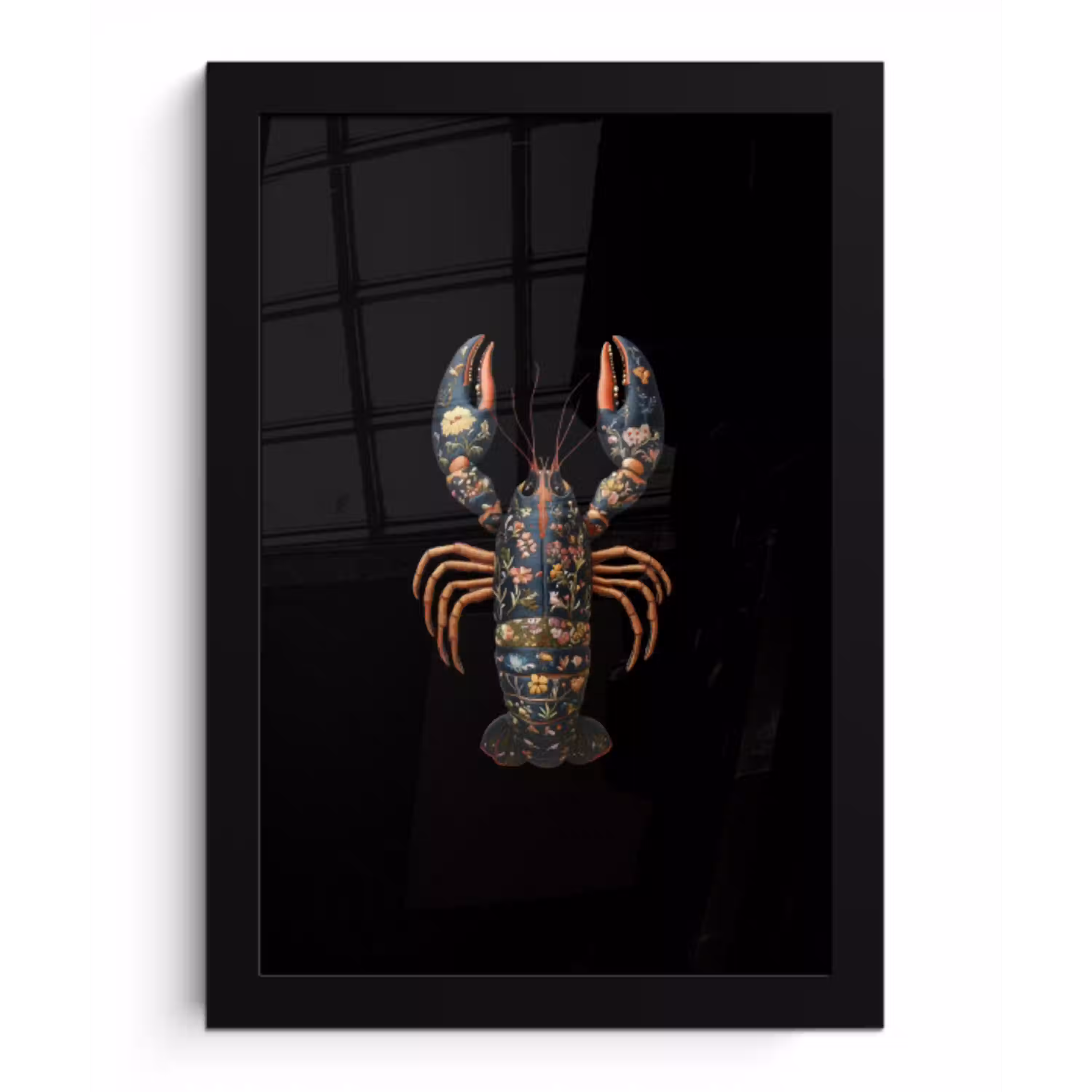 Kreeft - Zwart - Bloemenpatroon - Artistiek fotolijst zwart zonder passe partout klein -3d