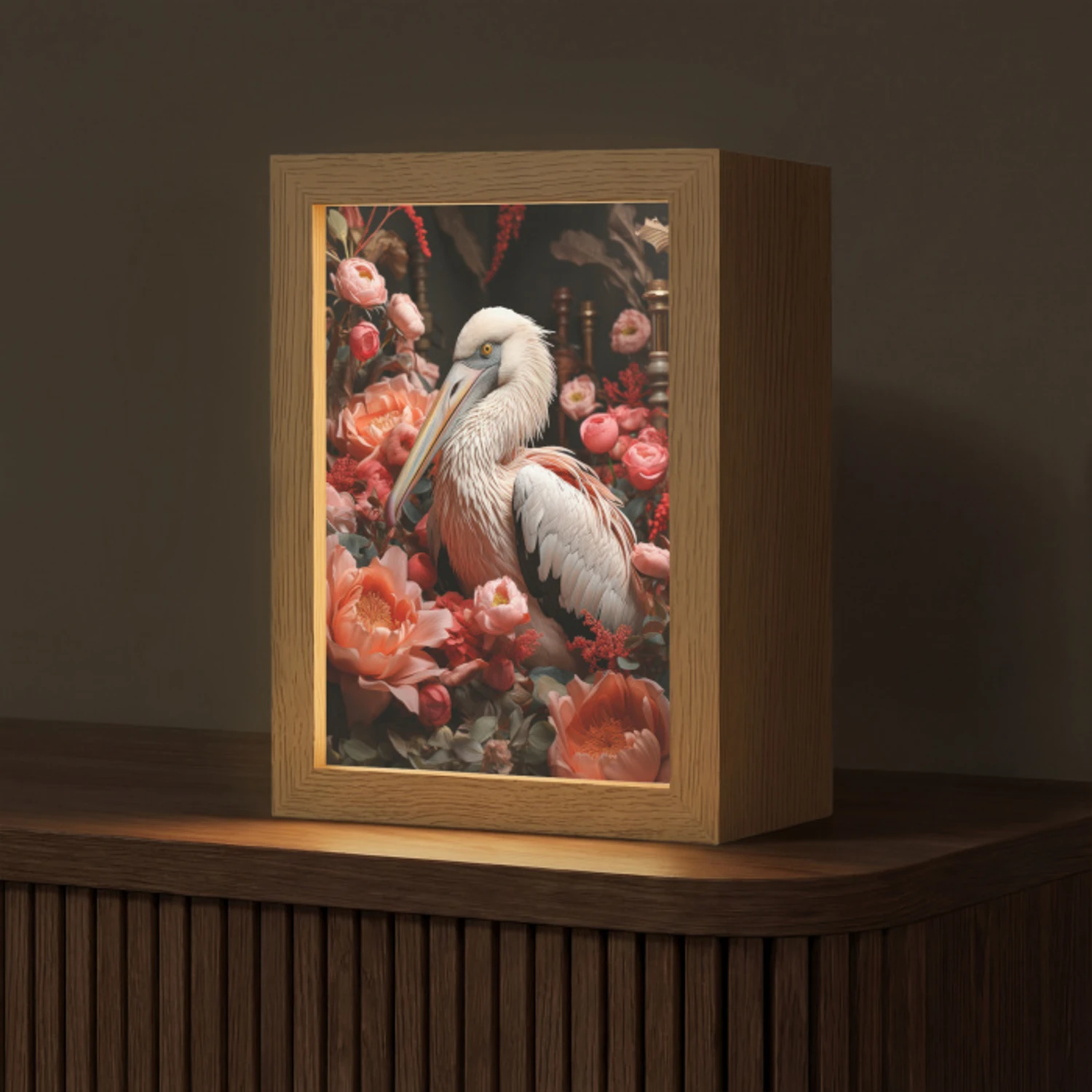 Pelikaan - Dier - Bloemen - Natuur - Botanisch - Roze Light Box met kabel (Tafellamp) klein -z3d_website