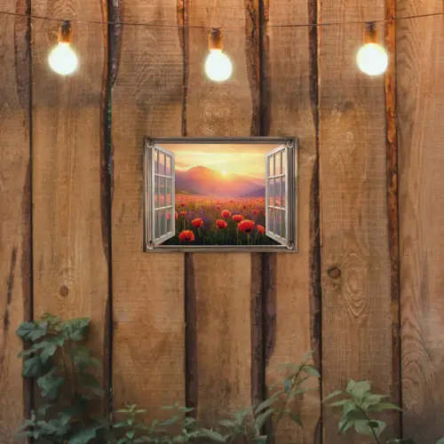 Doorkijk - Klaprozen - Bloemen - Rood - Open raam tuinposter los doek klein -sfeer1