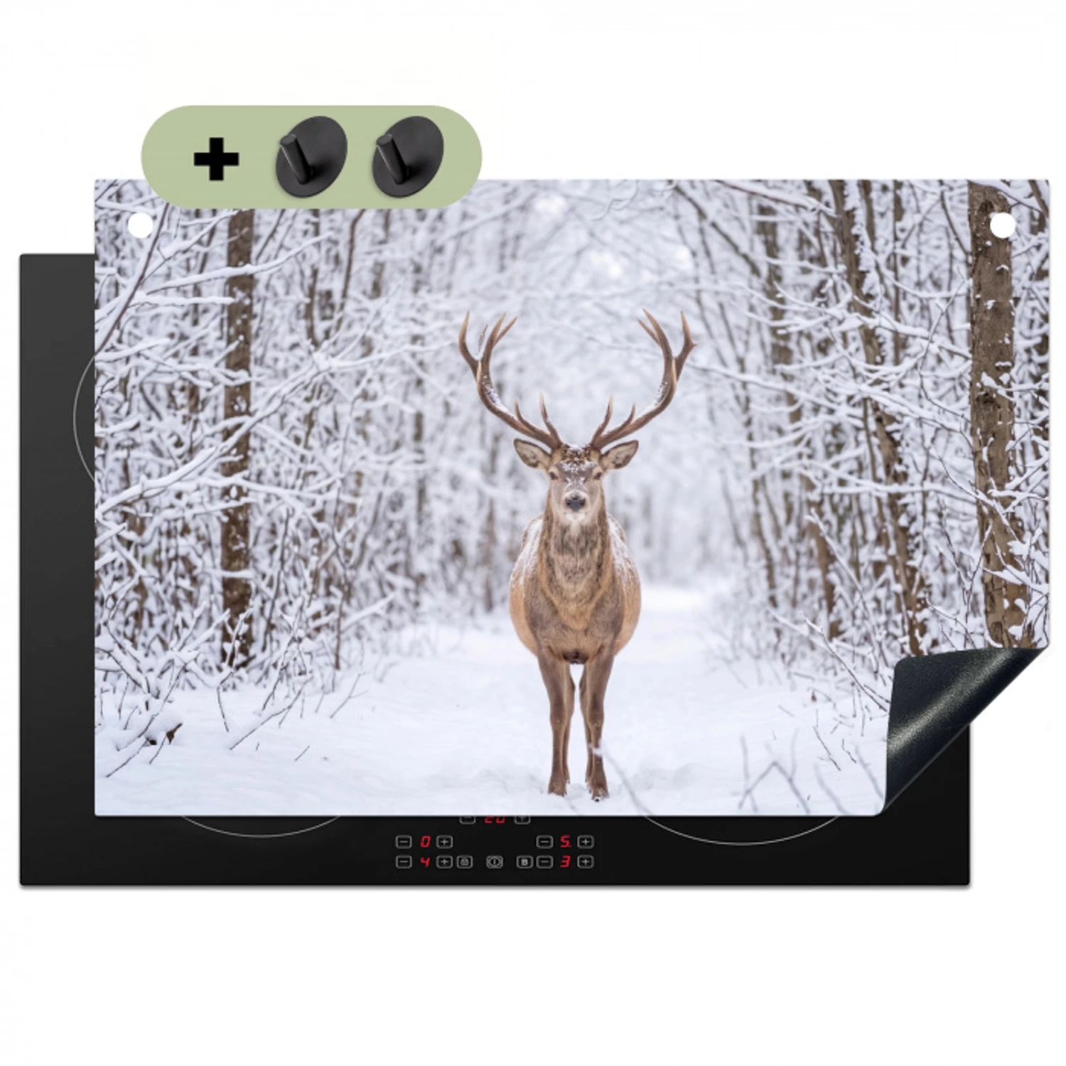Hert - Winter - Bos - Natuur - Wit Inductie beschemer met haakjes klein -3d