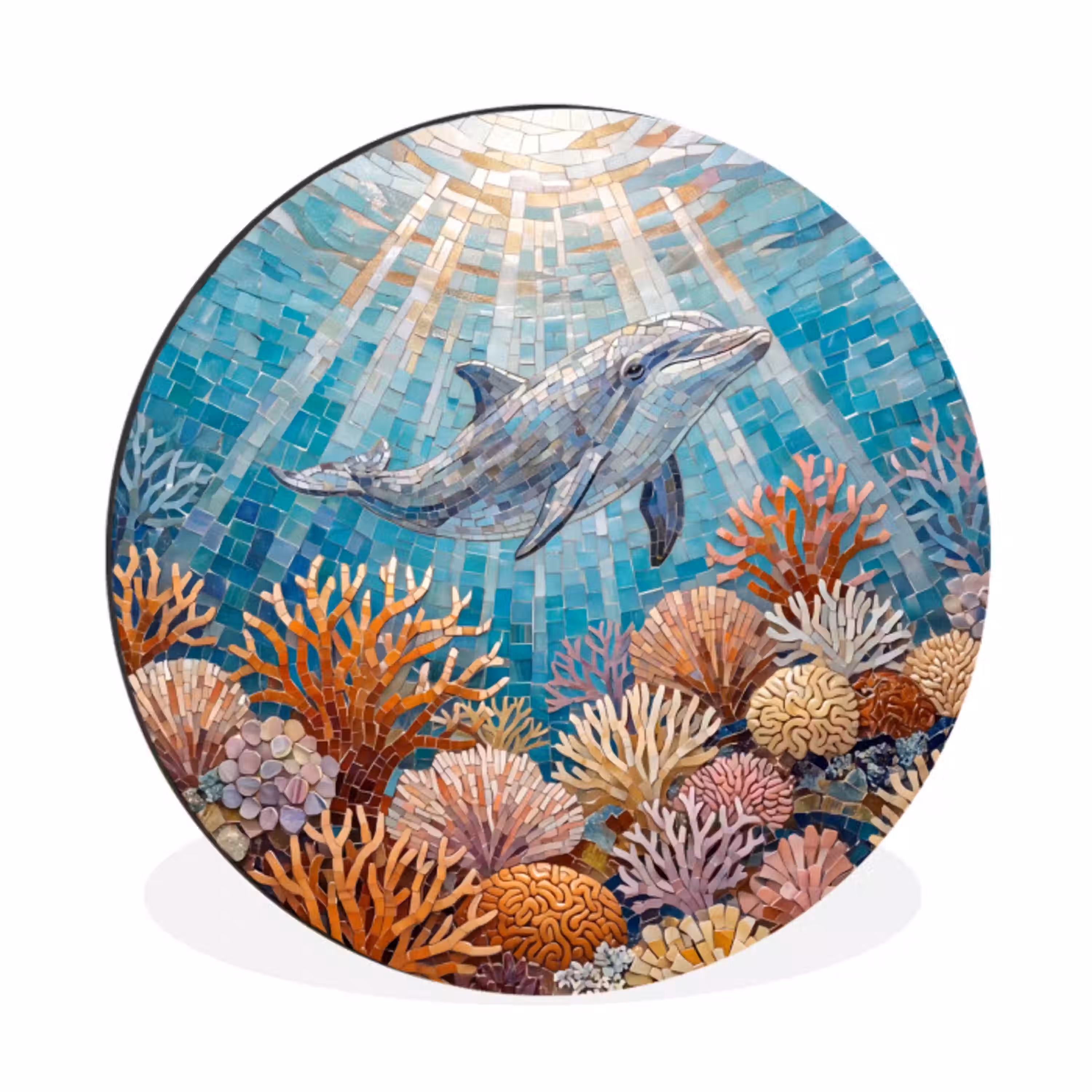 Dieren - Mozaïek - Oceaan - Koraal - Blauw Wandcirkel aluminium klein -3d
