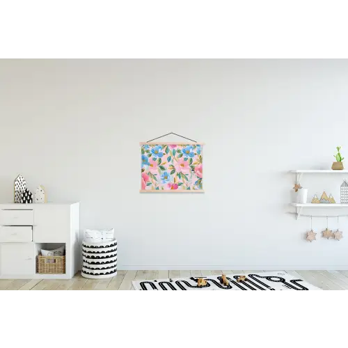 Blauw - Roze - Bloemen textielposter latten blank klein -kinderkamer