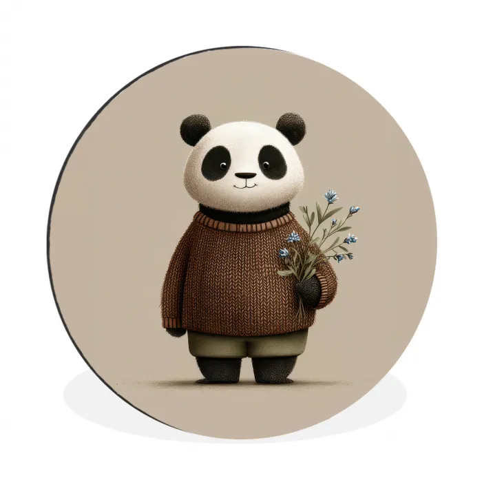 Panda - Blauwe bloemen - Zachtheid Wandcirkel aluminium klein -3d