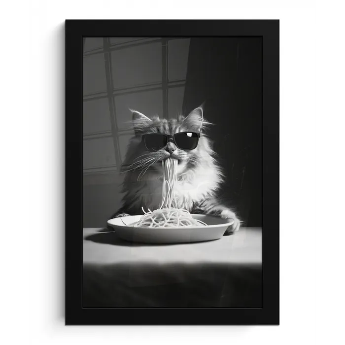 Langharige kat - Zonnebril - Spaghetti - Humor - Zwart - wit fotolijst zwart zonder passe partout klein -3d