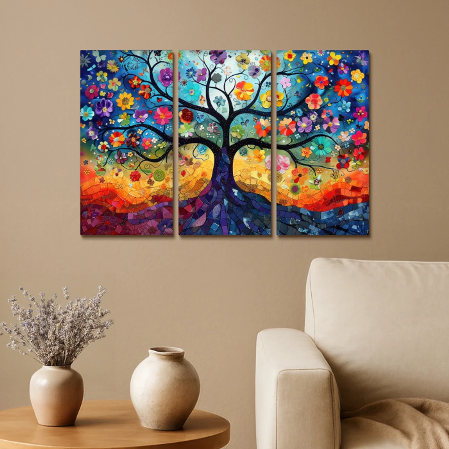 Kleurrijk - Levensboom - Bloemen - Abstract Canvas - Meerluiken 3 luik klein -sfeer1