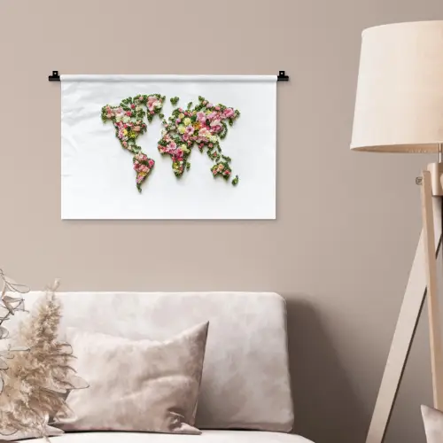 Wereldkaart - Kleurrijk - Bloemen - Lente Wandkleed katoen klein -sfeer4