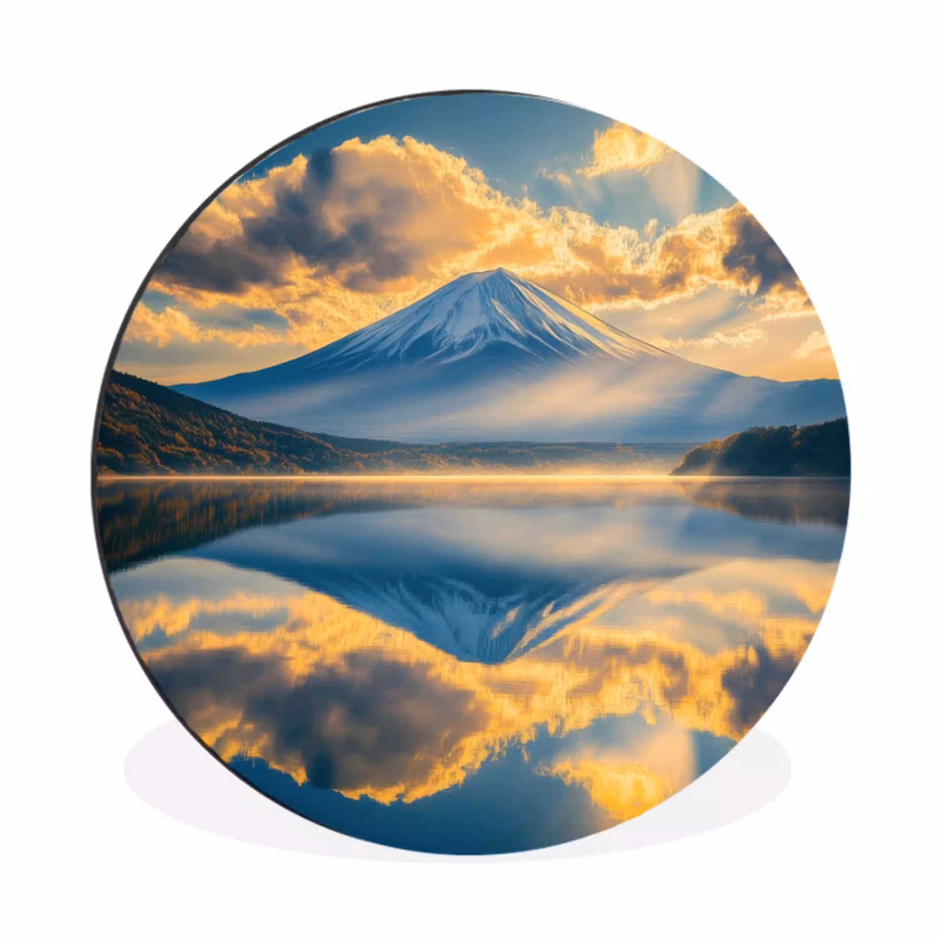 Berg - Rivier - Zonsondergang Wandcirkel aluminium klein -3d