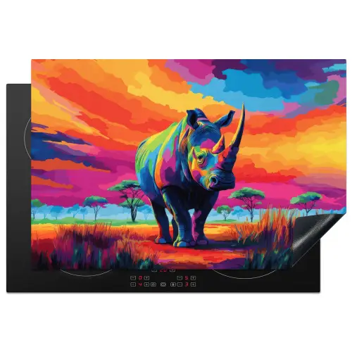 Neushoorn - Zonsondergang - Savanna - Kleurrijk Inductie beschermer vinyl 3mm klein -3d