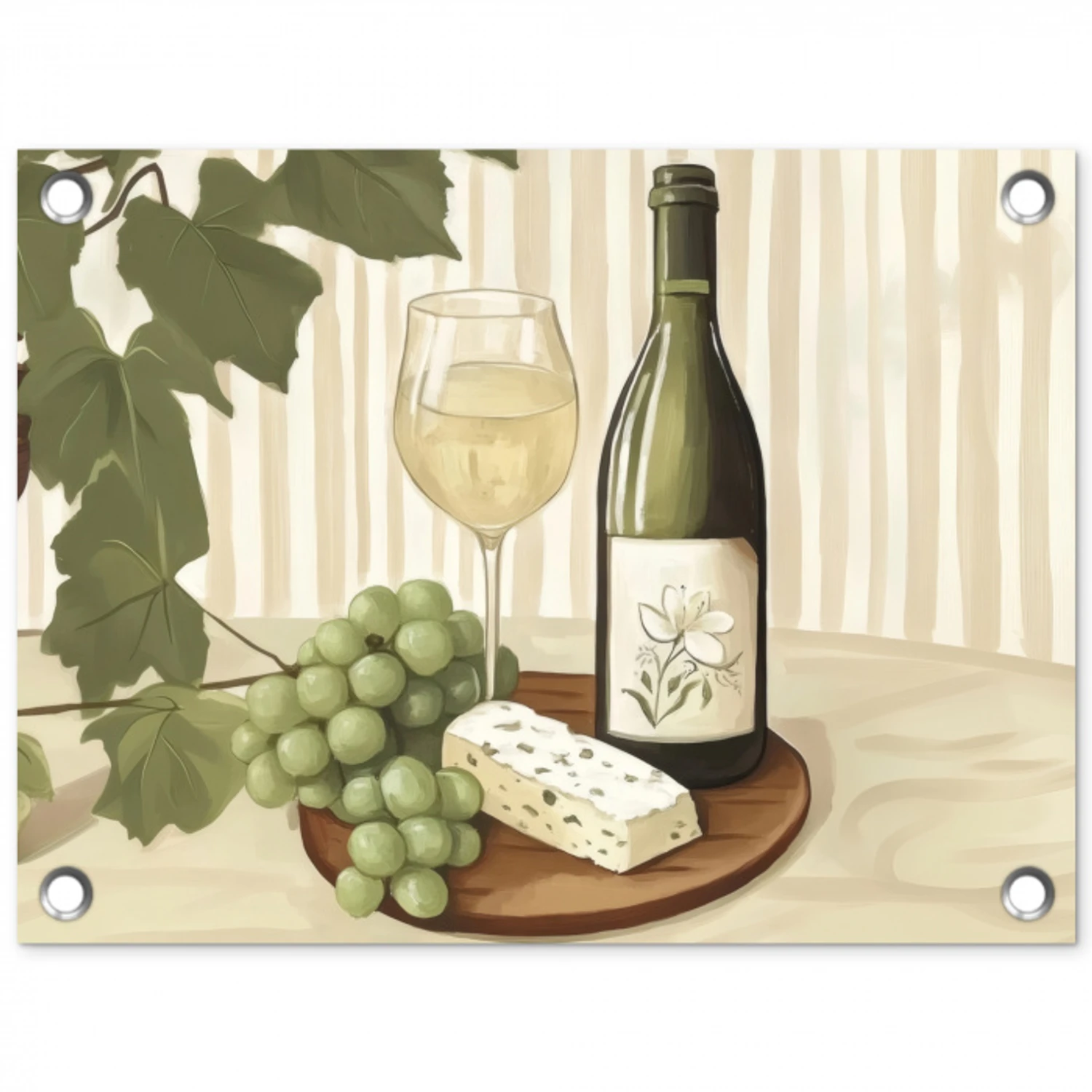 Wijn - Druiven - Kaas - Bladeren tuinposter los doek klein -3d