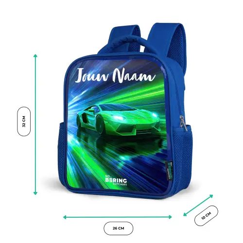 Sportauto - Groen - Snelheidslijnen - Neon Kinderrugzak - Blauw middel -productfoto_formaten