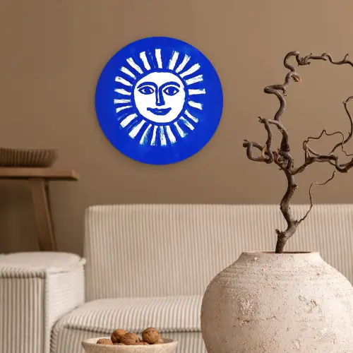 Zon - Gezicht - Penseelstructuur - Blauw Wandcirkel plexiglas klein -sfeer1