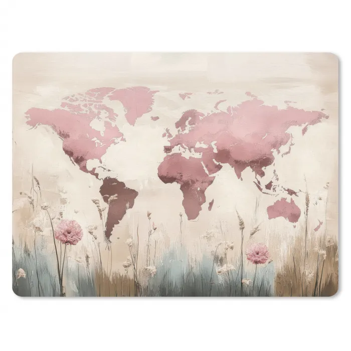 Wereldkaart - Roze - Bloemen muismat rubber klein -3d