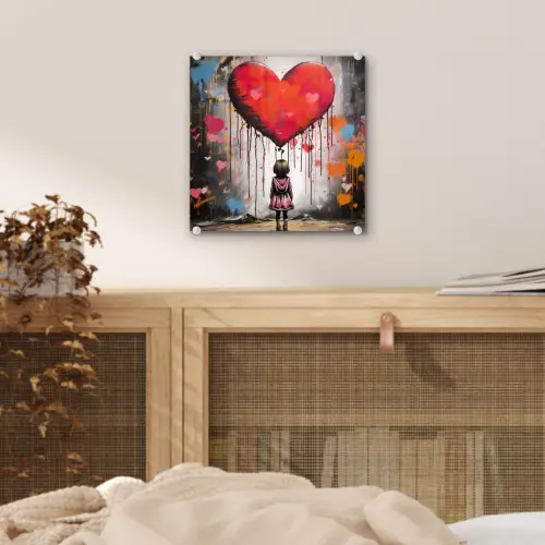 Meisje - Hart - Graffiti - Kunst - Kleuren - Rood plexiglas 5mm klein -sfeer4