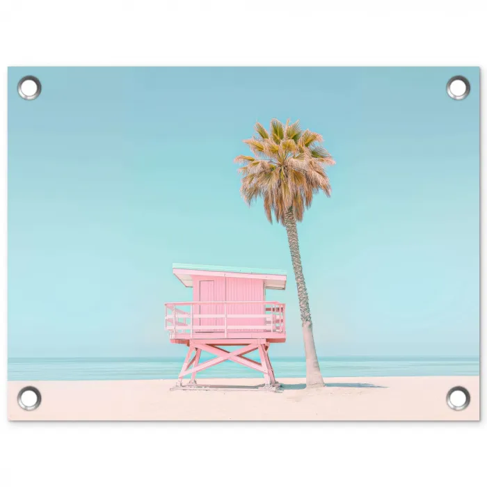 Palmboom - Strandhuis - Roze tuinposter los doek klein -3d