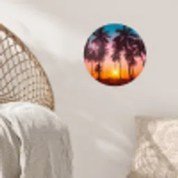 Palmboom - Zonsondergang - Horizon - Strand - Oranje - Roze Wandcirkel behangsticker klein -sfeer4