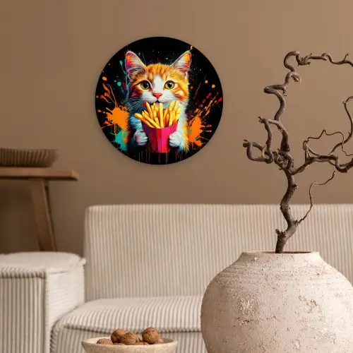 Kat - Eten - Patat - Graffiti - Abstract Wandcirkel kunststof plaat 5mm dik klein -sfeer1