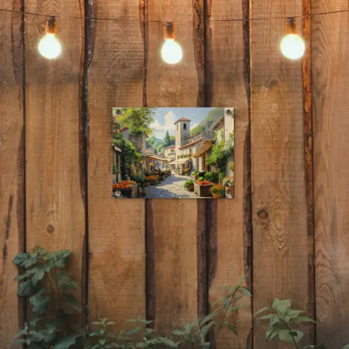 Dorp - Zon - Kraampjes - Huizen tuinposter los doek klein -sfeer1
