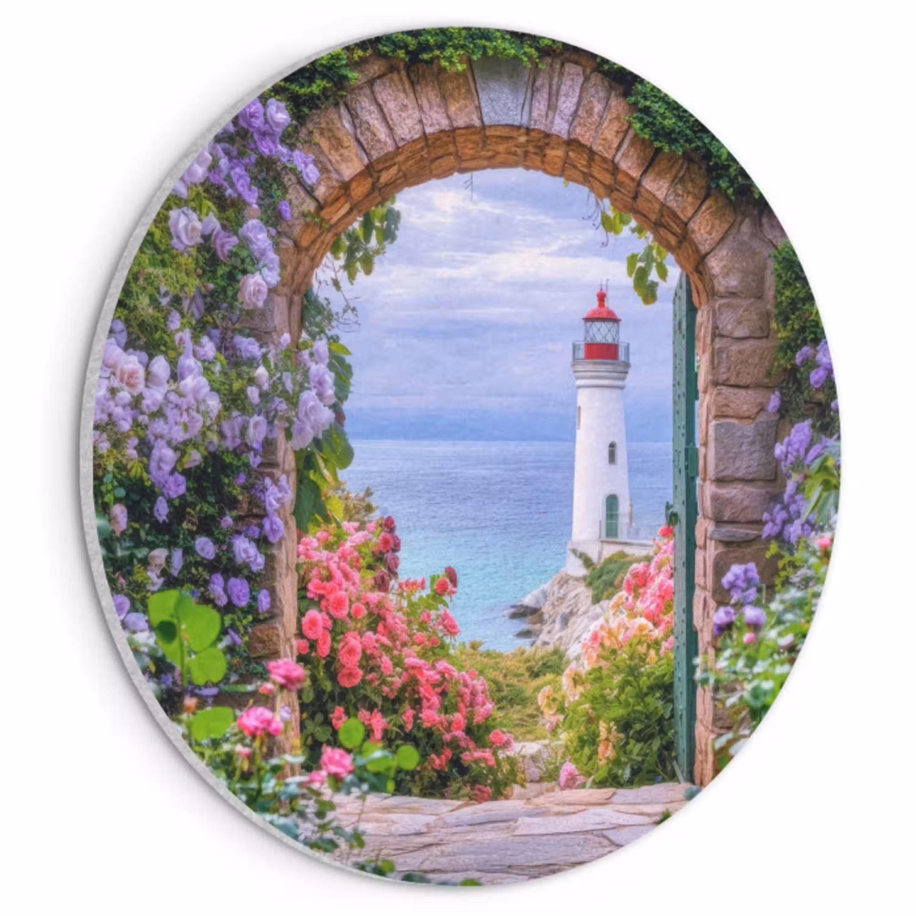 Doorkijk - Vuurtoren - Bloemen - Uitzicht Akoestische PET Vilt - Rond klein -3d