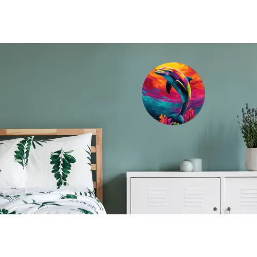 Dolfijn - Kleurrijk - Oceaan - Koraal Wandcirkel aluminium klein -slaapkamer