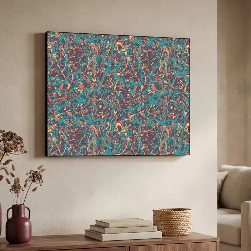 Spat - Abstract - Oranje - Groen Textielframe zwart klein 947 -sfeer3