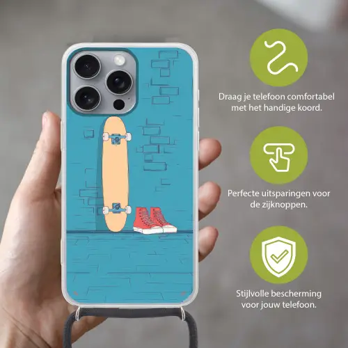 Skateboard - Gympen - Rood - Minimalistisch Hoesje iPhone 16 Pro Max met koord klein -sfeer2_NL