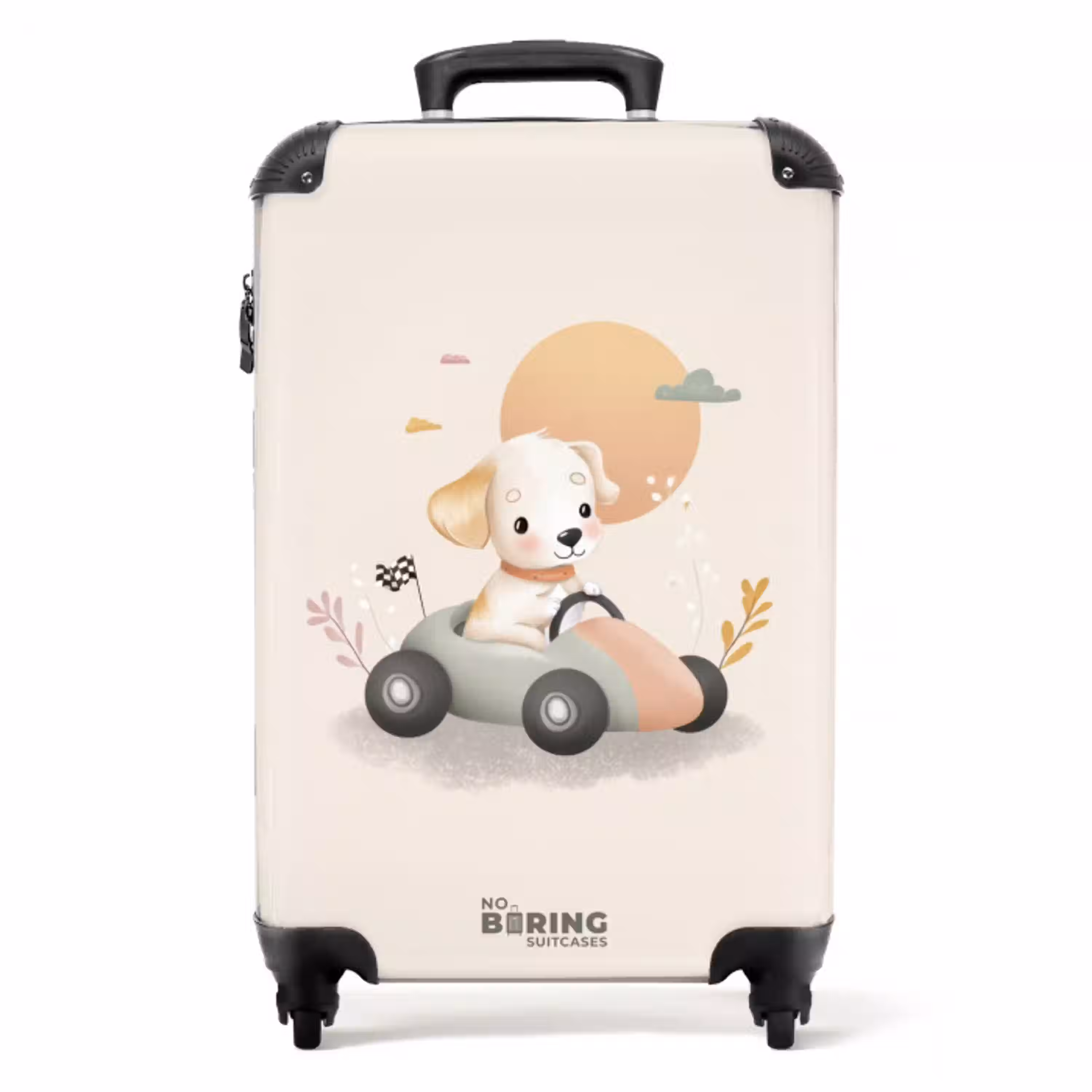 Puppy in een raceauto in beige kleuren NBS - Handbagage koffer - Volwassenen Unisex middel -productfoto_recht