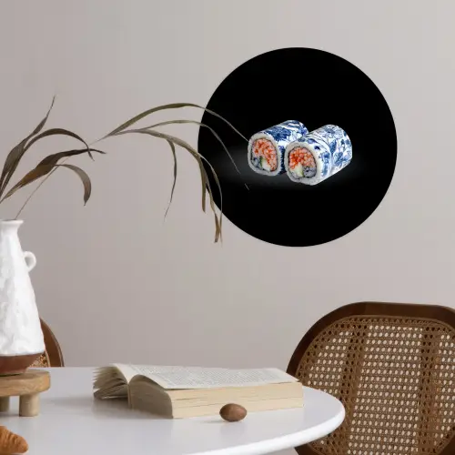 Sushi - Delfts blauw - Rijst - Vis - Elegant Wandcirkel behangsticker klein -sfeer3
