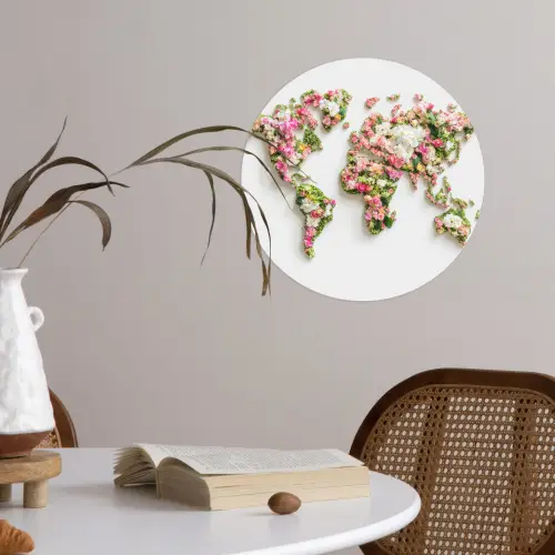 Wereldkaart - Bloemen - Subtiel Wandcirkel behangsticker klein -sfeer3