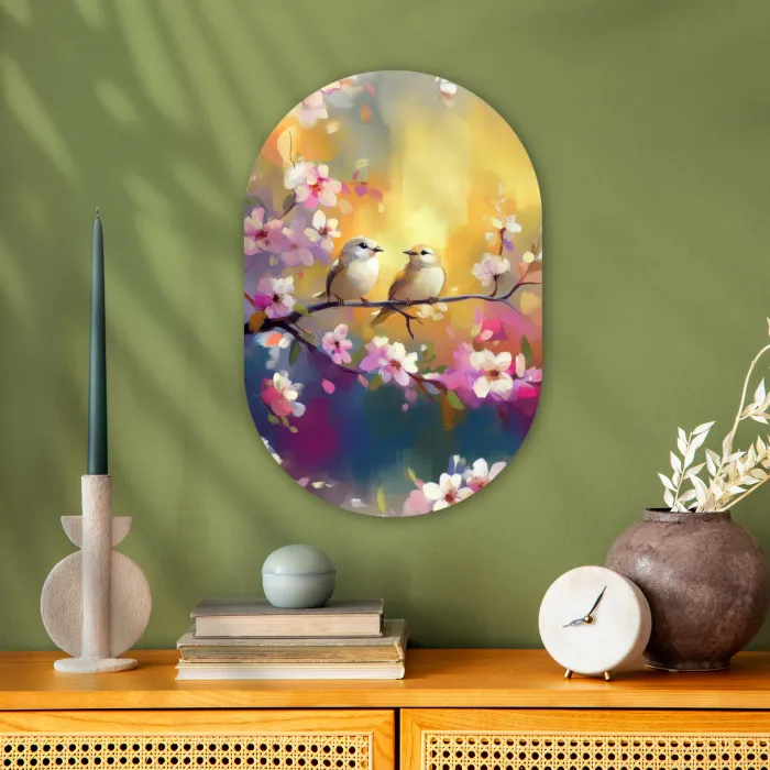 Vogels - Bloemen - Roze Wandcirkel Ovaal Forex klein -sfeer2