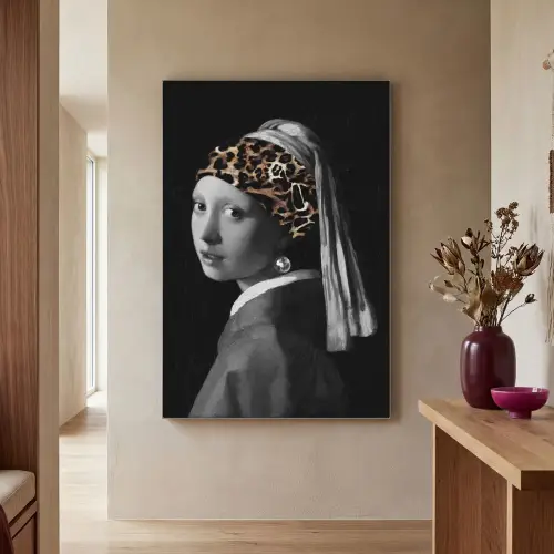 Het meisje met de parel - Johannes Vermeer - Panterprint Textielframe zilver middel -sfeer2