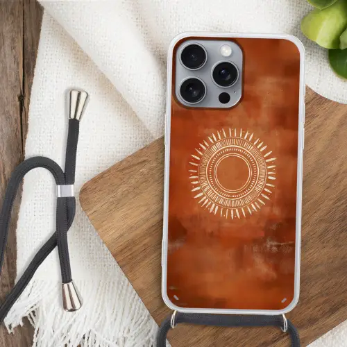Abstract - Lijnen - Zonnestralen - Roodbruin Hoesje iPhone 16 Pro Max met koord klein -sfeer4