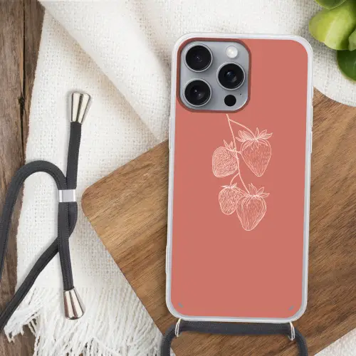 Minimalistisch - Illustratie - Aardbei - Tak Hoesje iPhone 16 Pro Max met koord klein -sfeer4