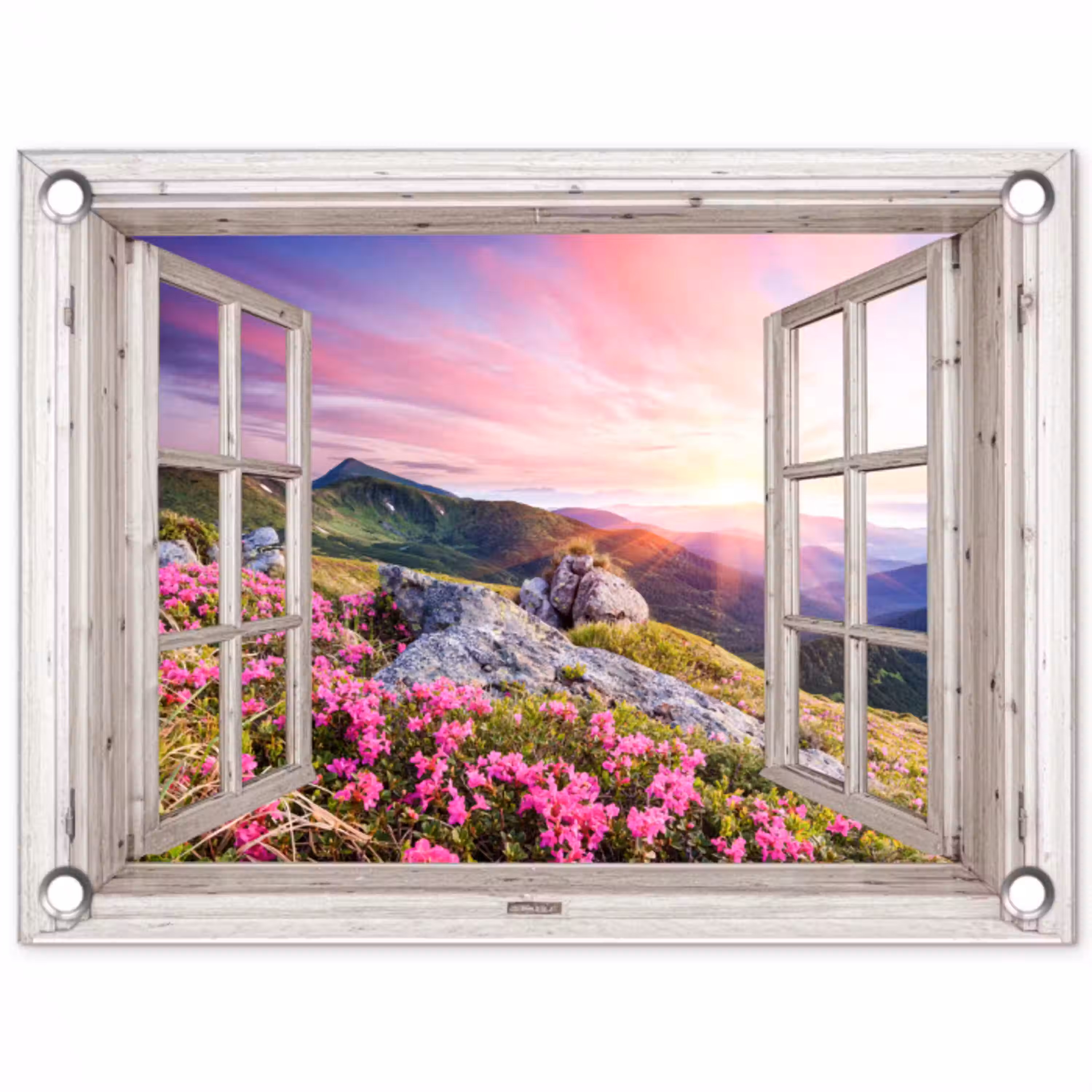 Bergen - Landschap - Doorkijk - Bloemen - Avond - Roze tuinposter los doek klein -3d
