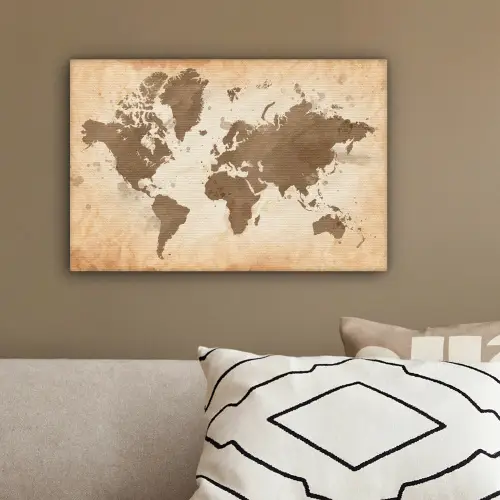 Wereldkaart - Beige - Bruin canvas 2cm klein -sfeer3