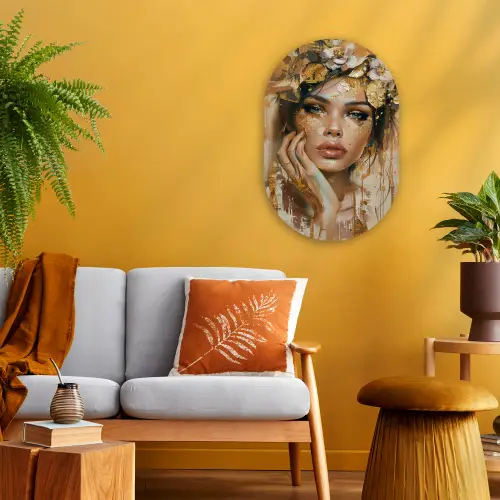Vrouw - Bloemen  - Goud - Portret Wandcirkel Ovaal Forex klein -sfeer4
