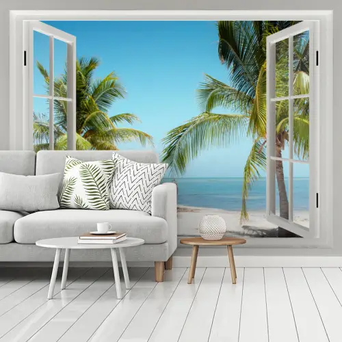 Doorkijk - Strand - Palmboom - Boot - Tropisch - Zee - Blauw fotobehang vinyl groot -woonkamer