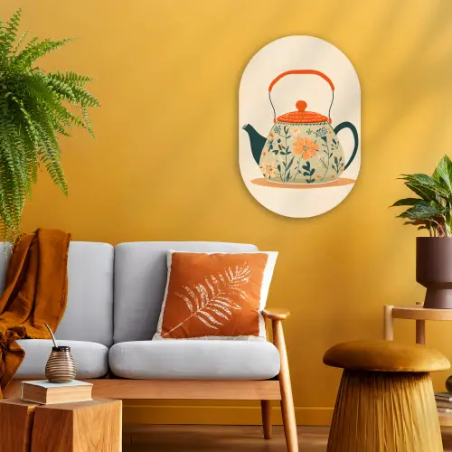 Oranje - Theepot - Bloemen - Bladeren Wandcirkel Ovaal Forex klein -sfeer4
