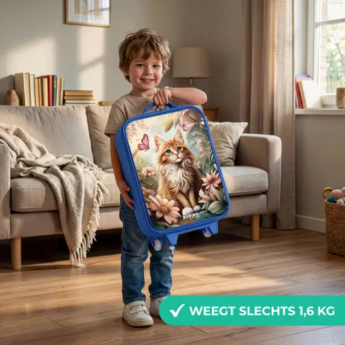 Kat in bloemenveld met roze vlinders. Kinderkoffer - Blauw klein -sfeer2_NL