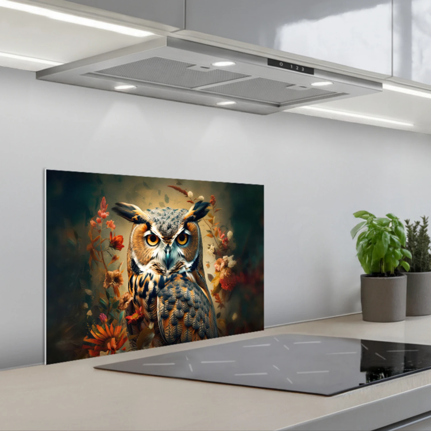 Uil - Vogel - Bloemen - Planten - Botanisch keuken achterwand spatscherm klein -3d_schuin