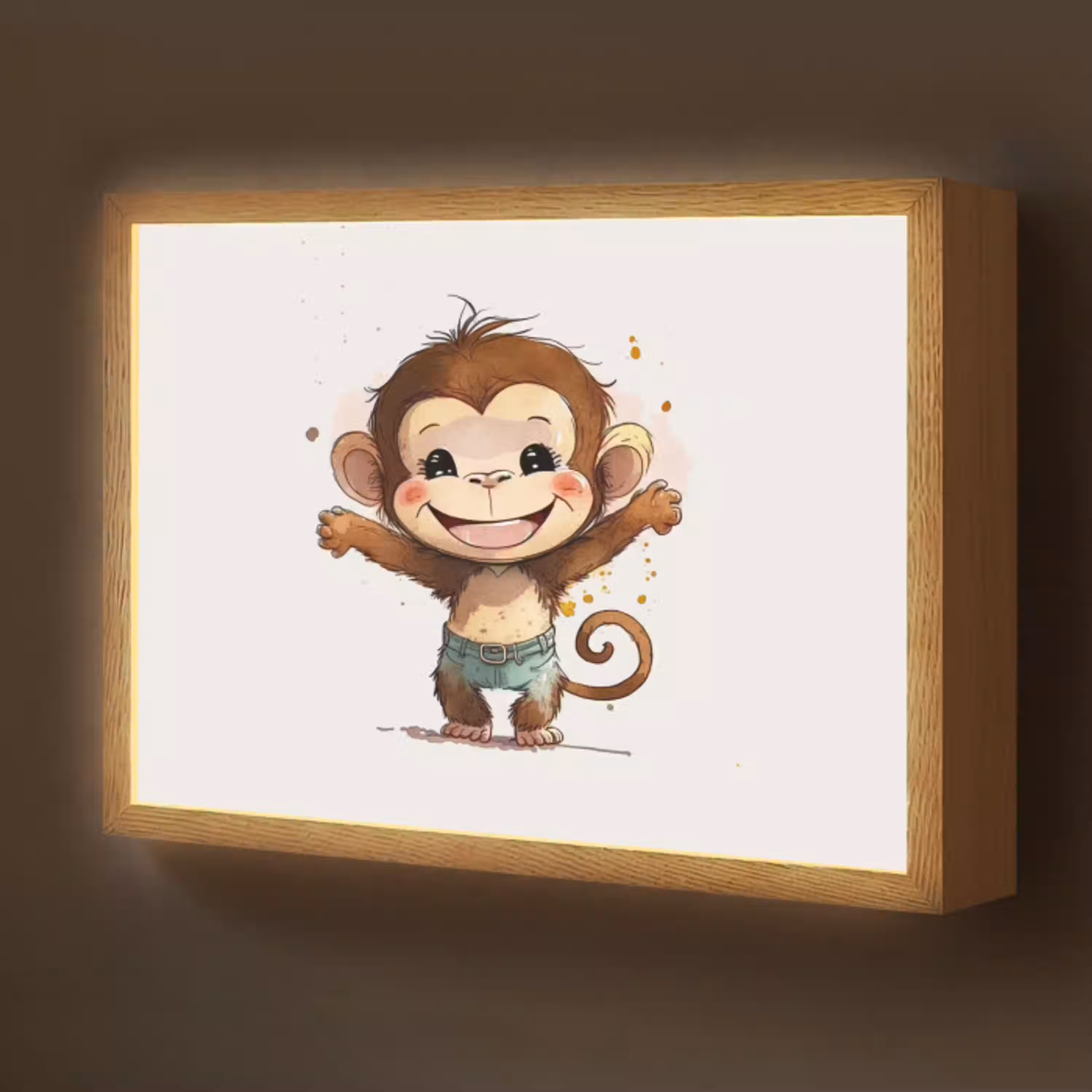 Aap - Bruin - Waterverf - Dieren - Meiden - Jongens Light Box met batterij (Wandlamp kind) middel -z3d_website