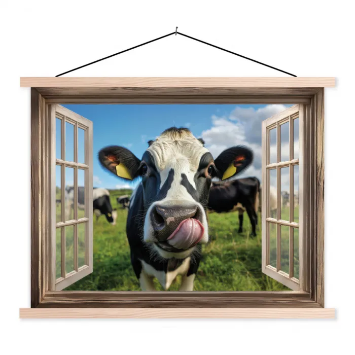 Doorkijk - Koe - Weiland - Dieren - Natuur textielposter latten blank klein -3d