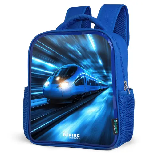 Supersnelle trein in neonblauwe tunnel Kinderrugzak - Blauw middel -schuin