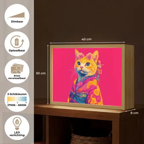 Kat - Kimono - Bloemen - Roze Light Box met batterij (Wandlamp) middel -USP_websiteoverzichtNL