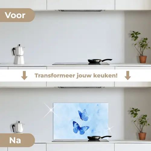 Vlinders - Sierlijk - Blauw keuken achterwand spatscherm klein -voor_na_NL