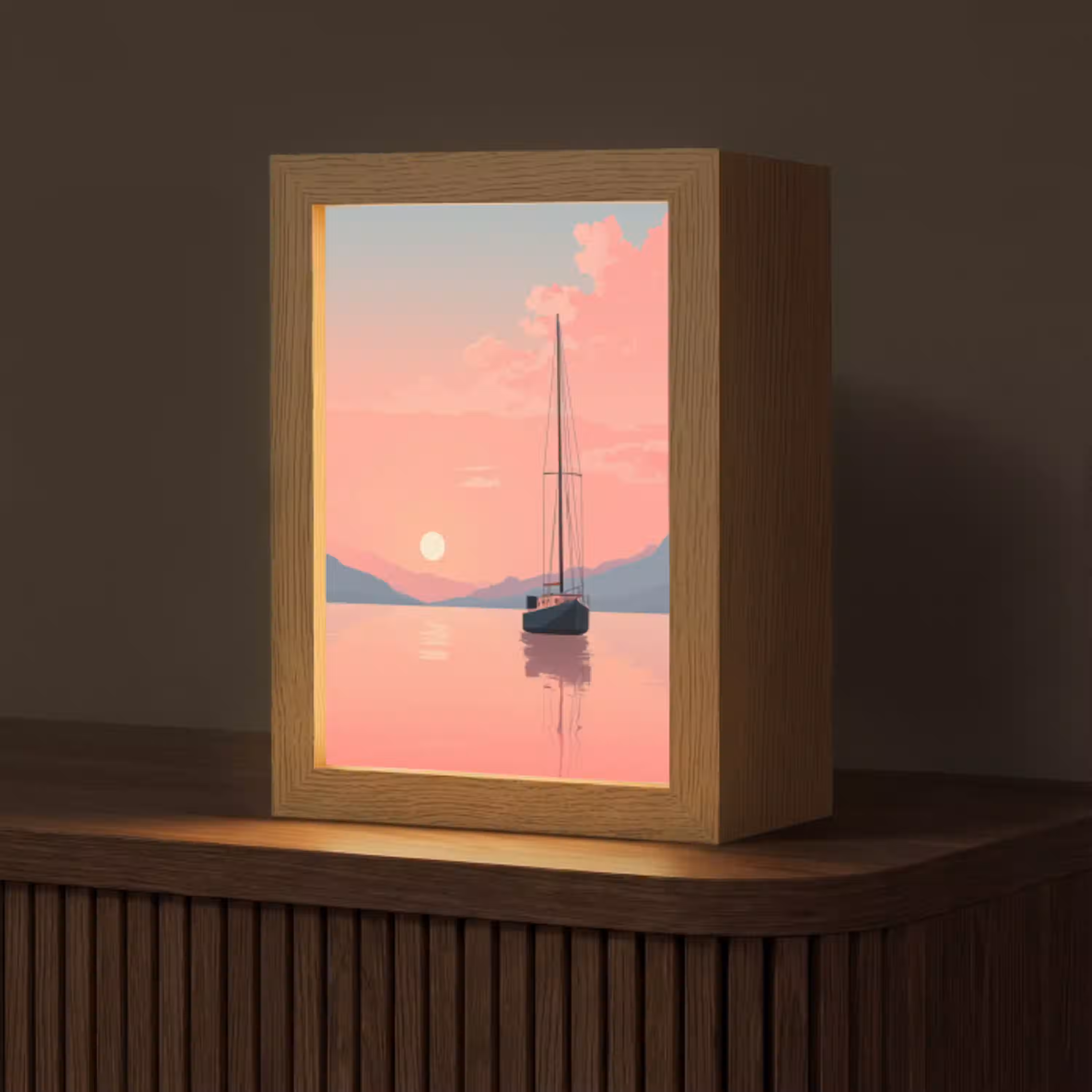 Zeilboot - Roze zee - Zonsondergang - Bergen Light Box met kabel (Tafellamp) klein -z3d_website