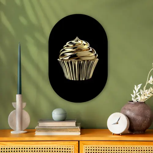 Cupcake - Eten - Goud - Zwart Wandcirkel Ovaal Forex klein -sfeer2